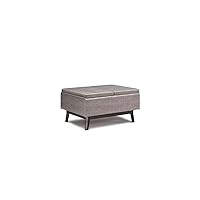 Owen 34 Inch Wide Mid Century Modern Square Tray Top Storage Ottoman in Upholstered Distressed Grey Faux Leather, For the Living Room