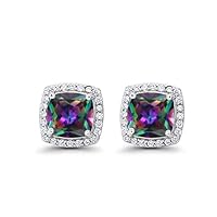 Paris Jewelry 18k White Gold Plated 4 Ct Created Halo Princess Cut Mystic Topaz Stud Earrings, White Gold, Topaz