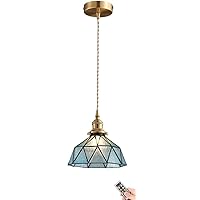 1 Light Battery Operated Tiffany Pendant Light Fixtures with Remote,Wireless Pendant Lighting Non Hardwired Ceiling Hanging Lamp Blue Stained Glass Chandelier for Kitchen Island Dining Room Hallway