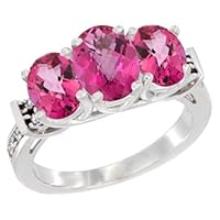 10K White Gold Natural Pink Topaz Ring 3-Stone Oval Diamond Accent, Sizes 5-10
