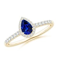 Pear Shape Blue Sapphire CZ Diamond Solitaire with Accents Ring 925 Sterling Silver 18k Yellow Gold September Birthstone Gemstone Jewelry Wedding Engagement Women Birthday Gift
