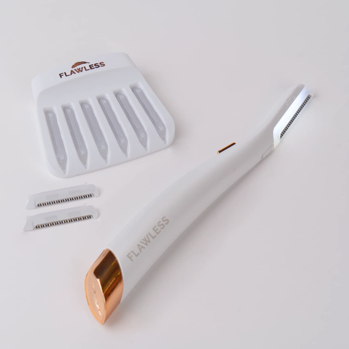 Finishing Touch Flawless Dermaplane Glo Lighted Facial Exfoliator - Non-Vibrating and Includes 6 Replacement Heads, White/Rose Gold