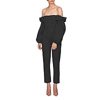Women's Off Shoulder Jumpsuits Evening Dresses with Detachable Skirt Long Sleeves Satin Prom Gowns Pants Black