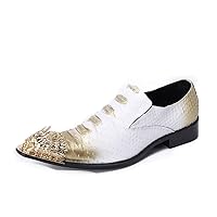 Men White Loafers Slip on Metal Pointed Toe Block Heel Flats Snake Skin Premium Genuine Leather