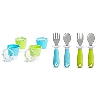 Munchkin Splash Open Toddler Cups, 7 Ounce 4 Pack and Raise Toddler Fork Spoon Set, Blue/Green