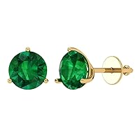 3.9 Round Cut Solitaire Simulated Emerald Unisex Pair of Stud Martini Earrings 14k Yellow Gold Screw Back conflict free