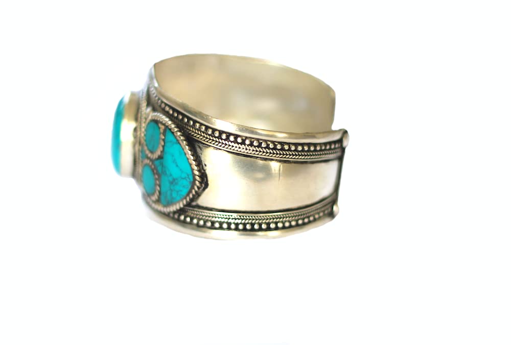 Boho Style Blue Stabilized-Turquoise Ornate Mosaic Adjustable Cuff Bracelet | Stainless Steel Jewelry From Nepal