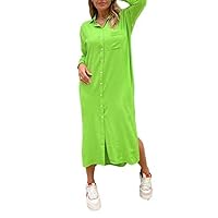 Women’s Dressy, Casual Long Sleeve Slim Fit Button Down Dress (Apple Green)