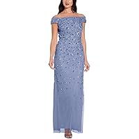 Adrianna Papell Womens Blue Sequined Zippered Short Sleeve Off Shoulder Maxi Evening Sheath Dress 16