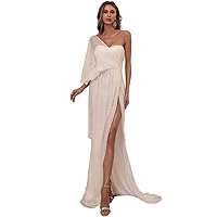 LALUNE Women's One Shoulder Off Split Long Dress Evening Mermaid Dress Sequin Glitter Formal Sexy Prom Gown
