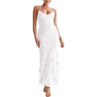 Women Sexy Backless Embroidery 3D Floral Prom Dress V-Neck Open Leg Sleeveless Hollow Halter Maxi Dress