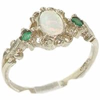 10k White Gold Real Genuine Opal and Emerald Womens Band Ring