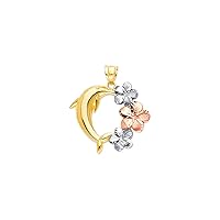 14k Yellow Gold White Gold and Rose Gold Dolphin Pendant Necklace With Hawaiian Flower Jewelry Gifts for Women