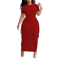 Women's Sexy Club Night Out Dresses Solid Color Large Tassel Crewneck Short Sleeve Long Length Cocktail Party Pencil Dress