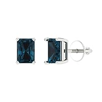 0.9ct Emerald Cut Solitaire Natural Royal Blue Topaz Unisex Stud Earrings 14k White Gold Screw Back conflict free Jewelry