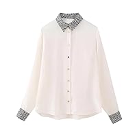 Autumn Women's Contrast Color Patchwork Shirt Long Sleeve Top Casual Loose Top Large Size