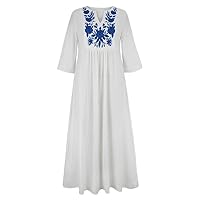 Women's Ethnic Style V-Neck Loose High Waist Dress Embroidered Loose Long Skirt