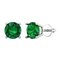 2.94cttw Round Cut Solitaire Genuine Simulated Green Emerald Unisex Pair of Designer Stud Earrings 14k White Gold Screw Back