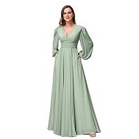 a line v Neck Chiffon Bridemaid Dresses Long Sleeves Women's Formal Dress with Side Slit Pockets
