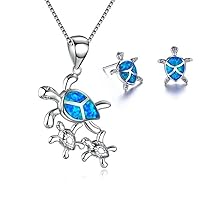 Ladies Pretty Turtle Jewellery Set For Women - Necklace Pendant & Matching Earrings - Girls Opal Enamel & Silver Plated Cute Charms - with Gift Box