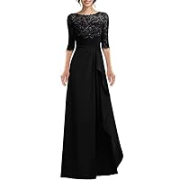 Long Mother of The Bride Dresses with Sleeves Lace Chiffon Pleated Formal Evening Party Prom Gowns for Women