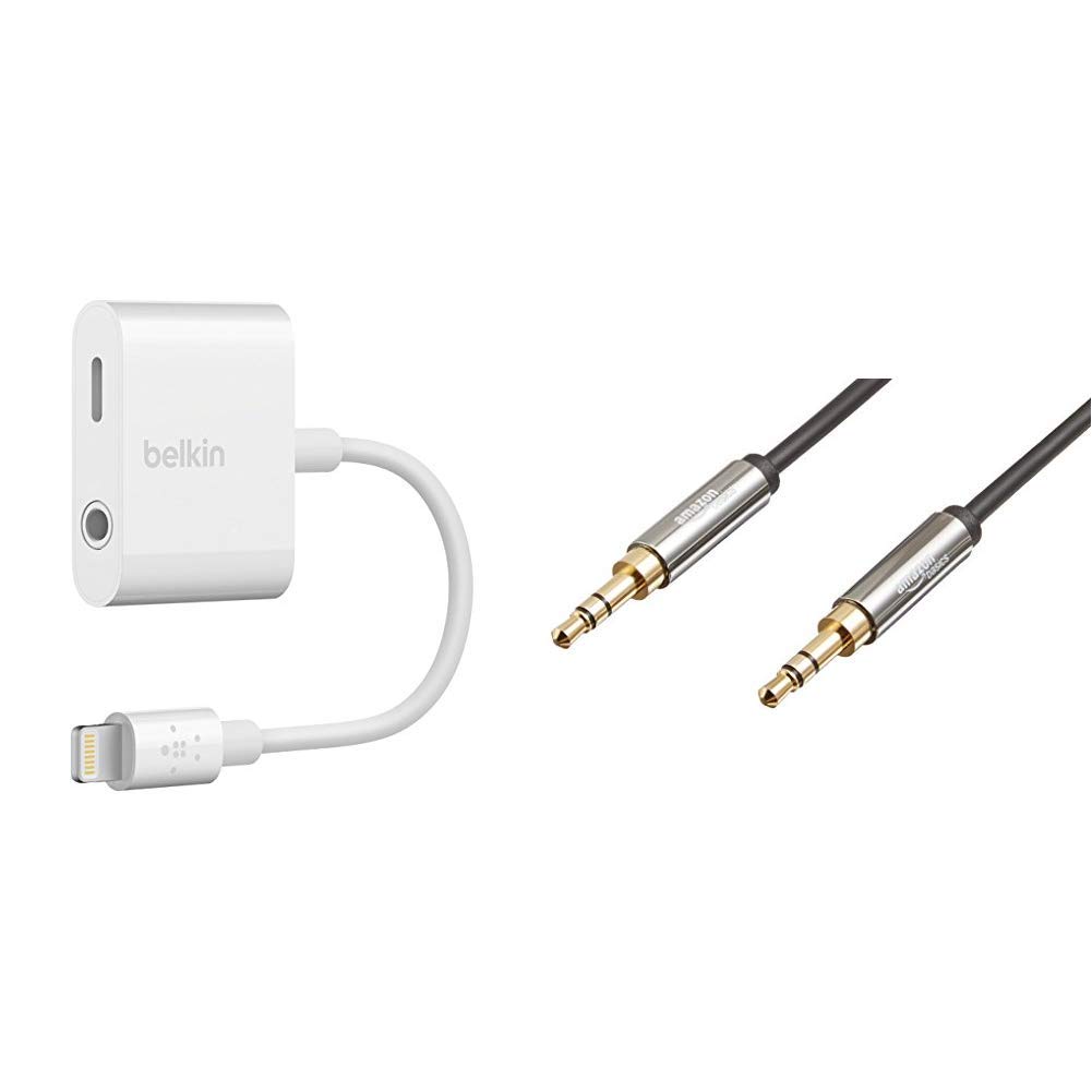 Belkin 3.5mm Audio + Charge Rockstar & AmazonBasics 3.5 mm Male to Male Stereo Audio Aux Cable, 4 Feet, 1.2 Meters