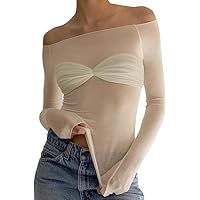 Meladyan Women Off Shoulder Ruched Sheer Mesh Sexy Tshirt Top Long Sleeve Pleated See Through Solid Slim Shirt Blouse Tops