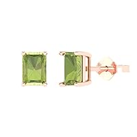 2.0 ct Emerald Cut Solitaire Natural Green Peridot Pair of Stud Everyday Earrings 18K Pink Rose Gold Butterfly Push Back