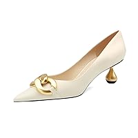 XYD Low Heel Closed Pointed Toe Pumps with Metal Chain Solid Golden Heeled Shoes for Women Slip On Professional Lady Formal Office Dress
