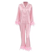 Women's Pajama Set Feather Trim Lounge Sets Satin Silk Pj Set Long Sleeve Loungewear Sleepwear