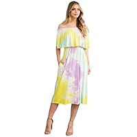 Off Shoulder Tie Dye Elastic Waist Maxi Dress (Color Magenta/Yellow Size Extra Large)