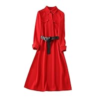 Autumn Celebrity Red Midi Shirt Dress for Women Party Elegant Long Sleeve Turn Down Collar Dresses with Belt