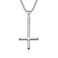 Polished Silver Tone Inverted Cross Pendant Necklace Mens Womens Stainless Steel Upside Down Cross Pendants Religious Jewelry, with 24 inch Chain