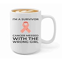 Endometrial Cancer Survivor Coffee Mug 15oz White -Messed with - Endometrial Cancer Awareness Peach Ribbon For Cancer Uterine Cancer Survivor