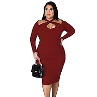 Women's Plus Size Sexy Stretchable Long Sleeve Hollow Out Crisscross Sweater Knit Slim Fit Midi Dress