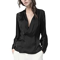 Ladies Sexy Deep V-Neck Satin Blouse Long Sleeve Three Buttons Cardigan Famale Tops Soft Women