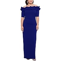XSCAPE Womens Blue Zippered Ruffled Slitted Lined Elbow Sleeve Off Shoulder Full-Length Formal Gown Dress Plus 14W