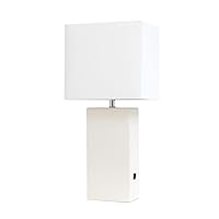 Elegant Designs LT1053-WHT Modern Leather Table Lamp with USB and White Fabric Shade, White(Pack of 1)