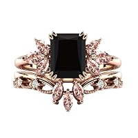 4.5 CT Art Deco Black Onyx Engagement Ring Set Emerald Cut Black Onyx Art Deco Bridal Ring Set Multi Gmestone Cluster Wedding Ring Set For Women