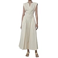 Women's Dress V-Neck Sleeveless High Waist Pleated Apricot Side Zipper Midi Dresses Summer