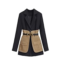 HAN HONG Korean Patchwork Chic Long Jacket Dress Women's Coats with Belt Female Outwear