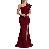 YMDUCH Women's Sexy Sleeveless One Shoulder Ruffle High Split Party Evening Long Formal Dress