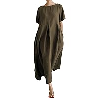 Summer Women's Plant Dyed Cotton Linen Loose Fitting Dress with Round Neck Short Sleeves and Pockets