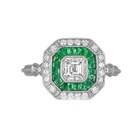 2.24 Cttw Asscher Shape White Cubic Zirconia & Simulated Green Emerald Wedding Engagement Halo Ring In 14K White Gold Plated 925 Sterling Silver