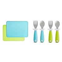Munchkin® Spotless™ Silicone Placemats for Kids, 2 Pack, Blue/Green & Raise™ Toddler Plastic Fork and Spoon Utensil Set, 4 Pack, Blue/Green