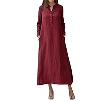 Women Button Up Kaftan Long Dress Long Sleeve Solid Color Side Slit Cotton Linen Party Dresses with Pocket