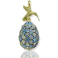 Hail Mary Gifts Religious & Catholic Jewelry Faberge Style Egg Pendant HUMMING BIRD, LIGHT SAPPHIRE, STONES