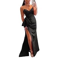V-Neck Satin Prom Dresses Long Mermaid with Slit Bow Tie Sleeveless Fitted Pleated Party Gowns for Women Sexy