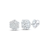 The Diamond Deal 14kt White Gold Mens Round Diamond Flower Cluster Earrings 1/4 Cttw