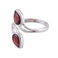 NOVICA Artisan Handmade Rhodium Plated Garnet Wrap Ring Silver from India Sterling Birthstone 'Red Teardrops'